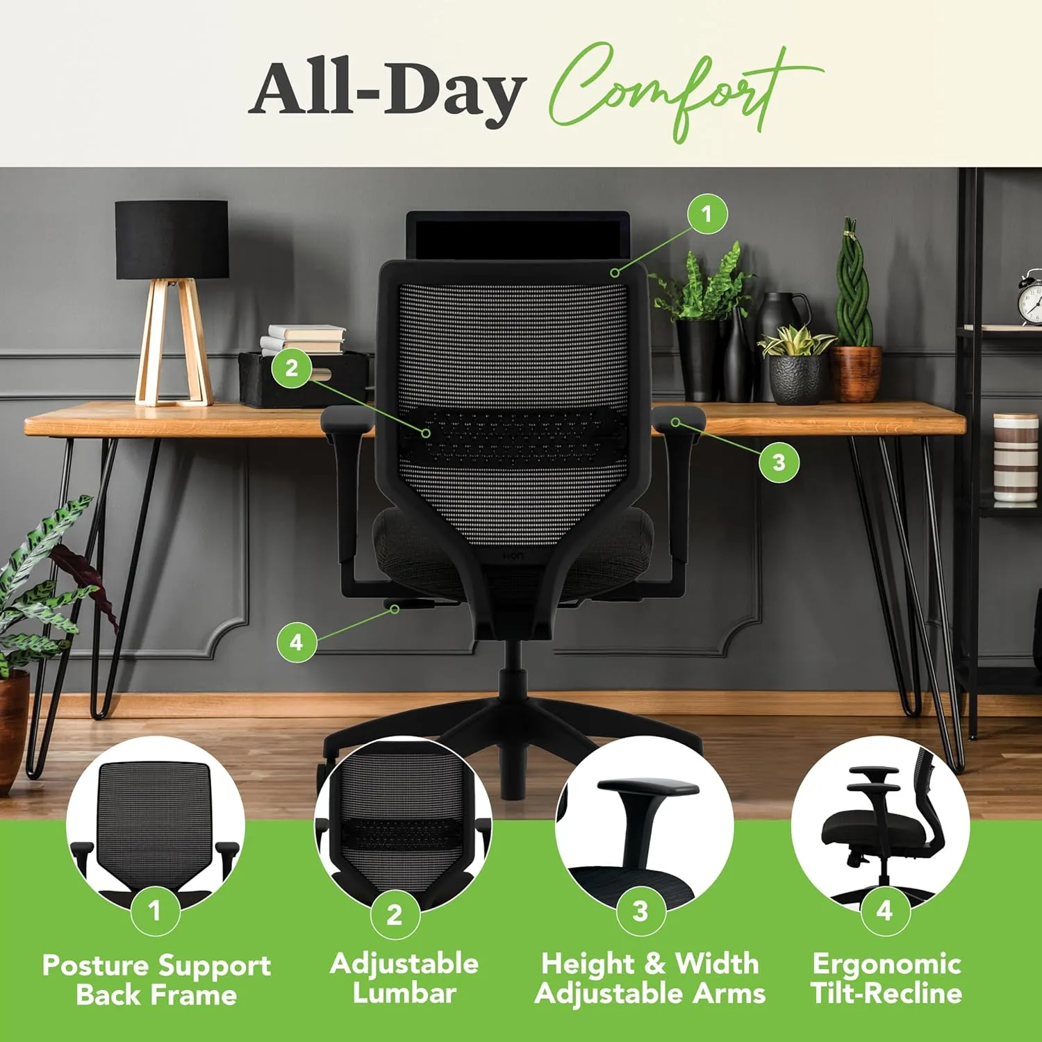 HON Solve Task Chair, Ergonomic Office Chair Mesh Back Support, Adjustable Lumbar, Desk Chairs with Wheels, Synchro-Tilt Recline, Height-Adjustable Arms, Black