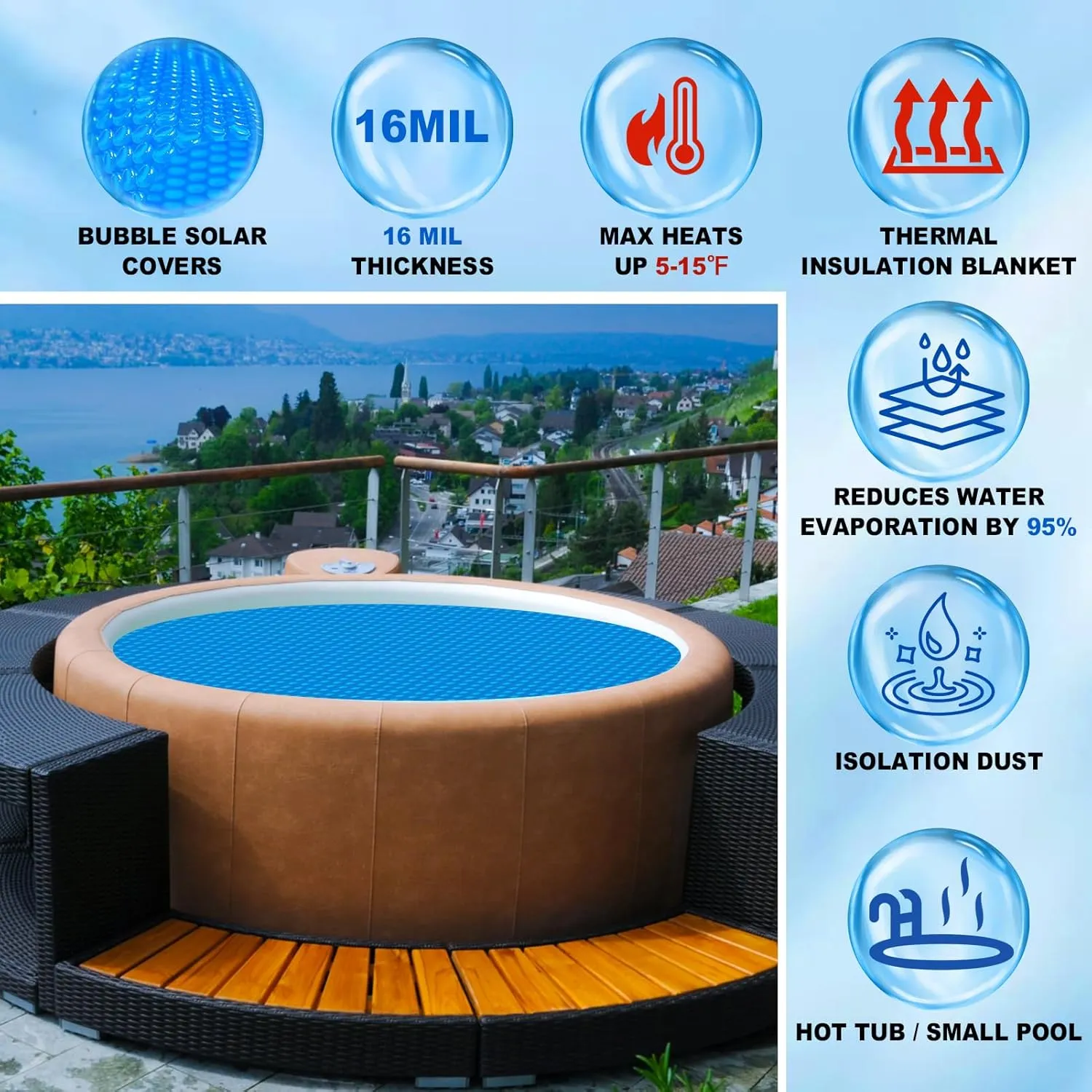 Hot Tub Spa Solar Bubble Cover Blanket for Round Inflatable Hot Tub Spa Pool Thermal Insulation Floating Bubble Wrap Covers (5.4Ft)