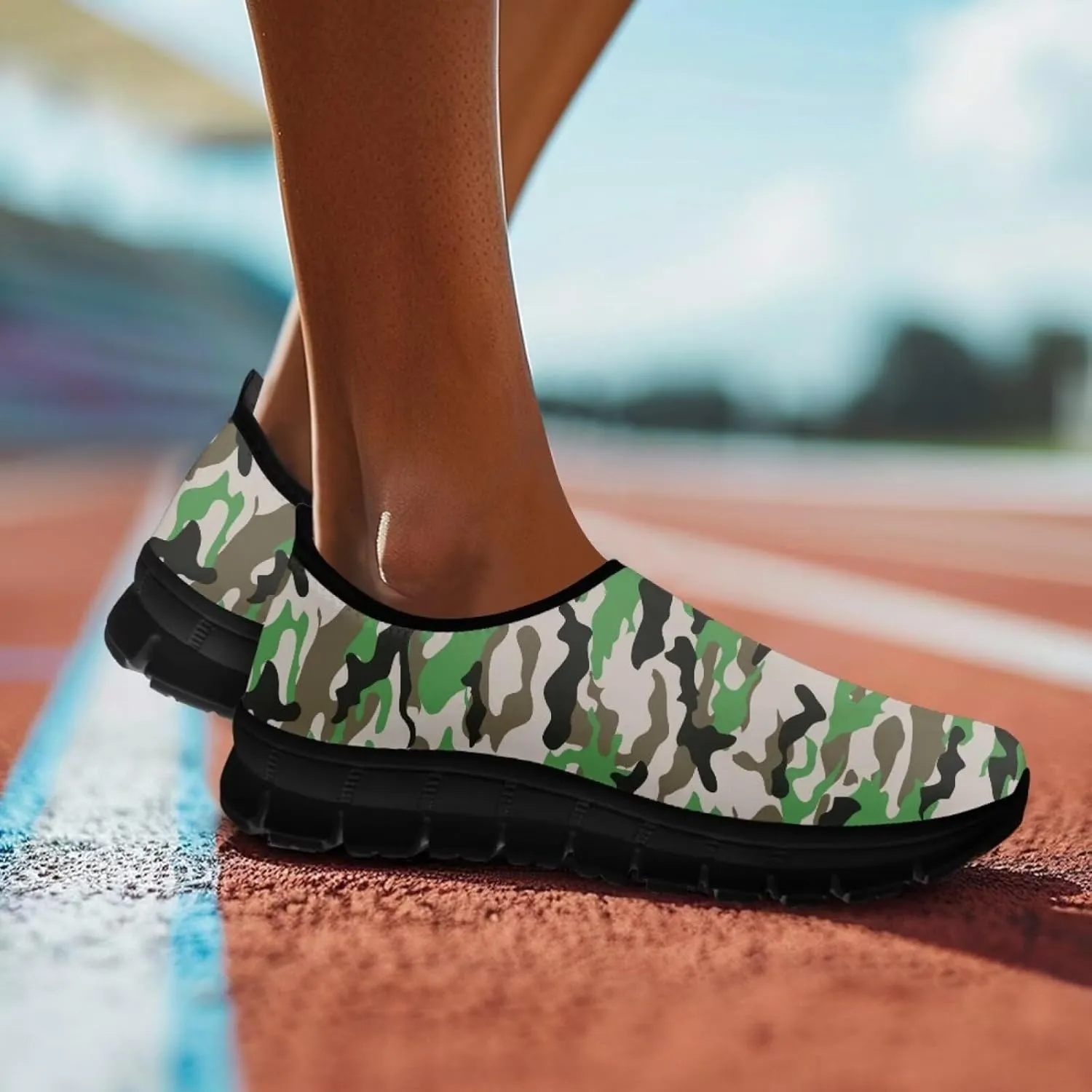 Howilath Camo Print Slip on Loafers for Women Anti-Skid Running Sneakers Fashion Trekking Shoes for Travel Camping