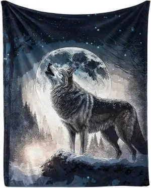 Howling Wolf Blanket for Boys Girls, Cool Wolf Themed Design Printed Throw Blankets for Kids Lap, Chair Sofa, Warm Soft Cozy Blanket, 40"x 50"