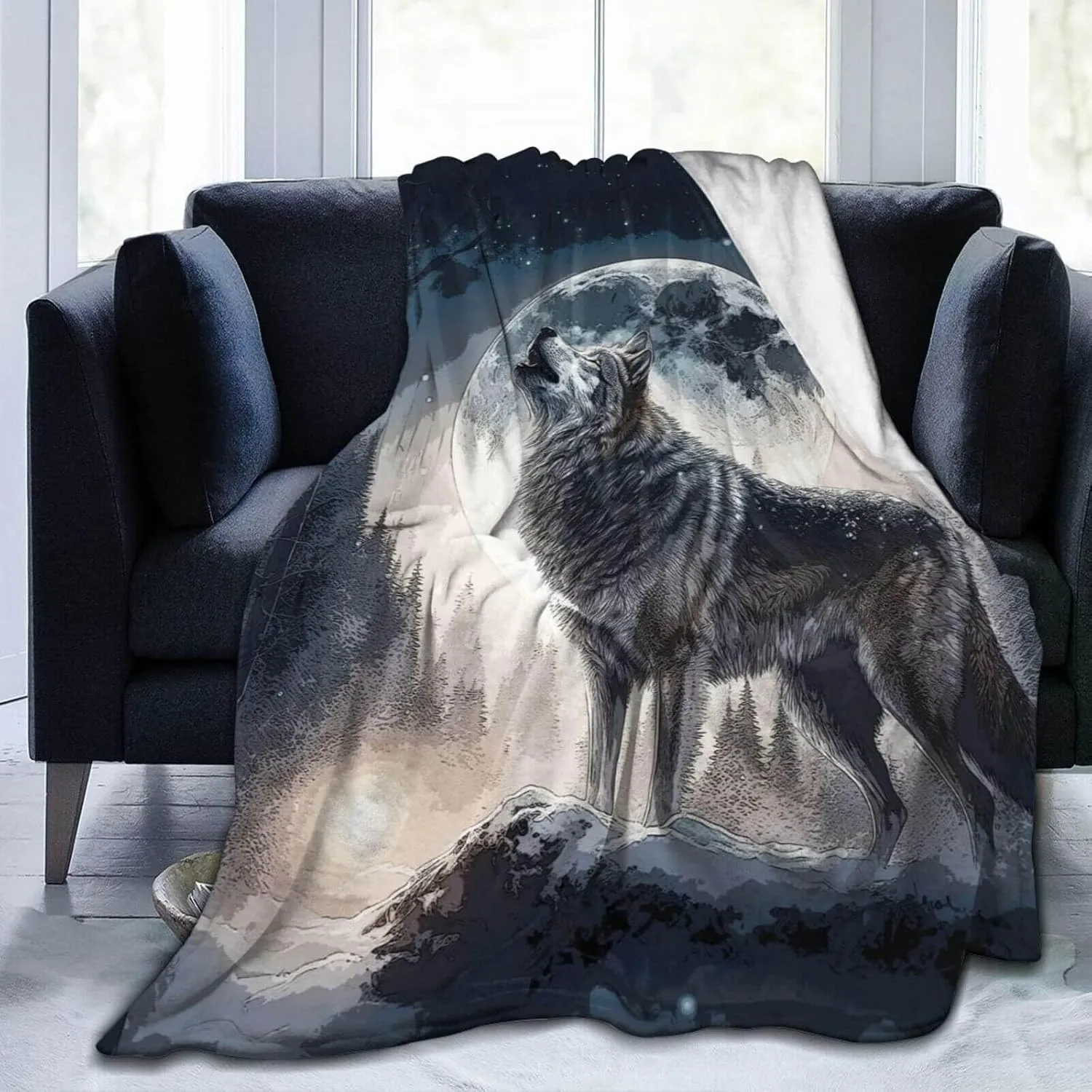 Howling Wolf Blanket for Boys Girls, Cool Wolf Themed Design Printed Throw Blankets for Kids Lap, Chair Sofa, Warm Soft Cozy Blanket, 40"x 50"