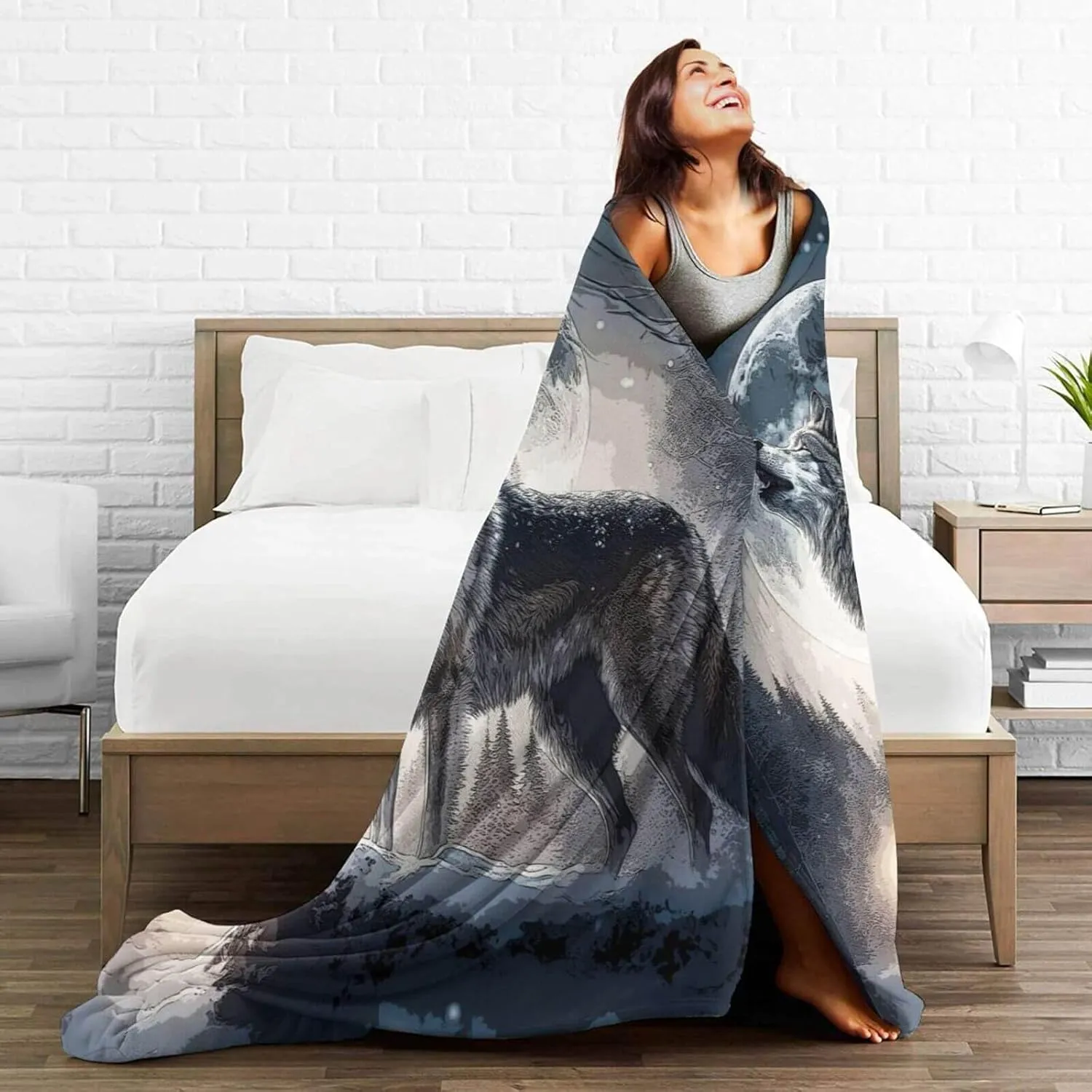 Howling Wolf Blanket for Boys Girls, Cool Wolf Themed Design Printed Throw Blankets for Kids Lap, Chair Sofa, Warm Soft Cozy Blanket, 40"x 50"