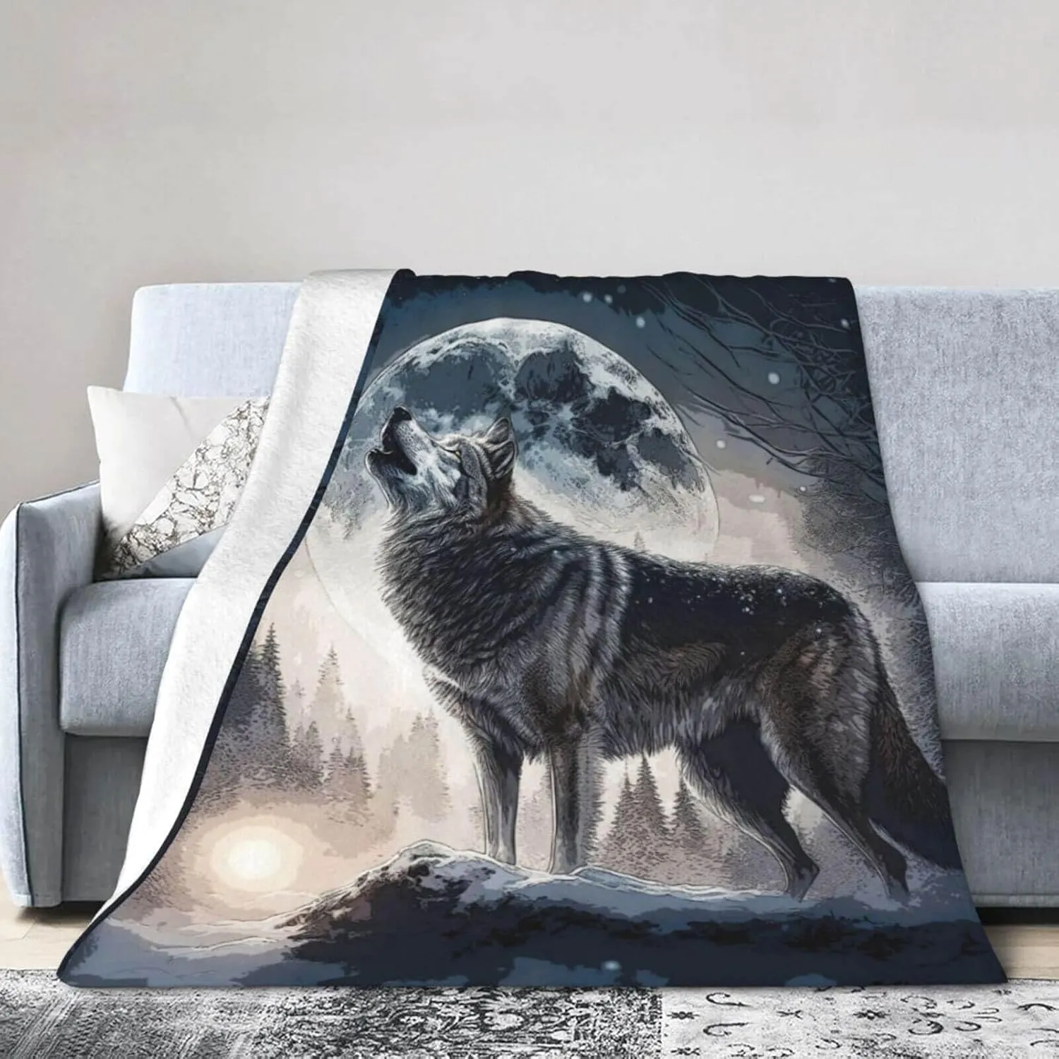 Howling Wolf Blanket for Boys Girls, Cool Wolf Themed Design Printed Throw Blankets for Kids Lap, Chair Sofa, Warm Soft Cozy Blanket, 40"x 50"