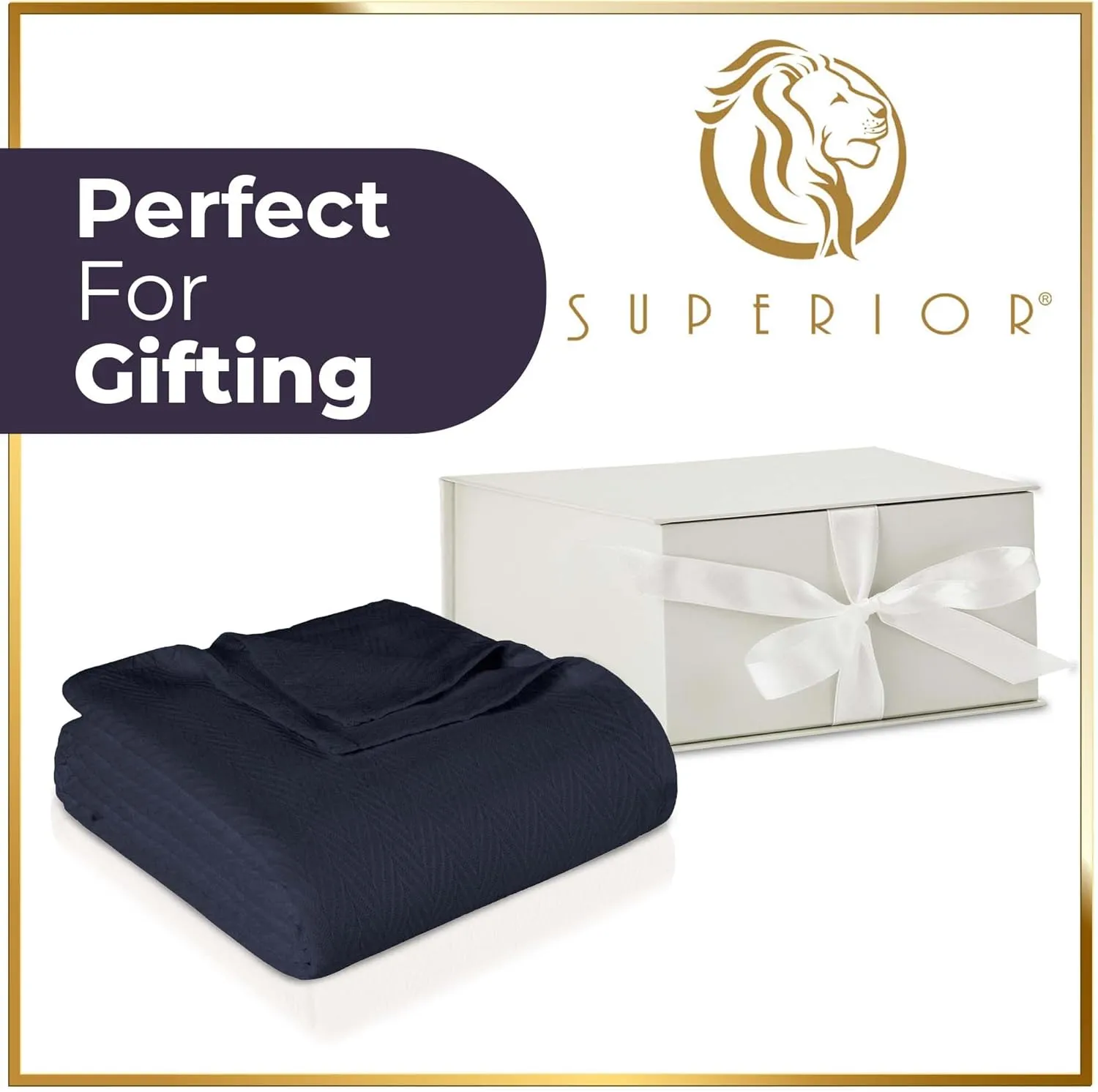 Hroo Collection Premium Thermal Blanket - All-Season Reversible Herringbone, Ultra-Soft and Warm, 100% Cotton, King, 108" x 90", Navy Blue
