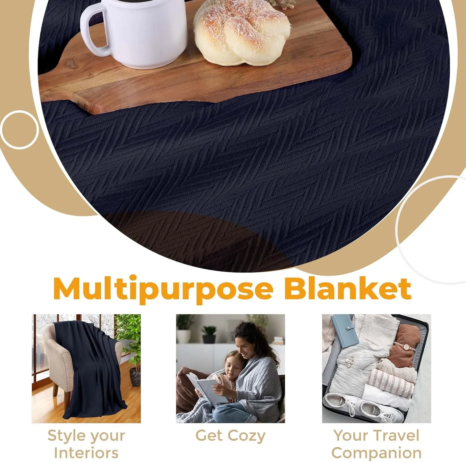 Hroo Collection Premium Thermal Blanket - All-Season Reversible Herringbone, Ultra-Soft and Warm, 100% Cotton, King, 108" x 90", Navy Blue