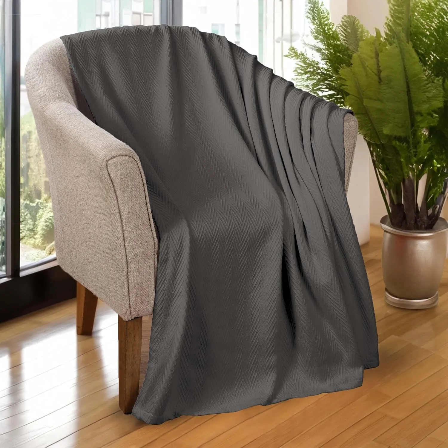 Hroo Collection Premium Thermal Blanket - Charcoal Woven Reversible Ultra-Soft and Warm Herringbone Blanket for Bed/Couch, King, 108" x 90" - 100% Cotton