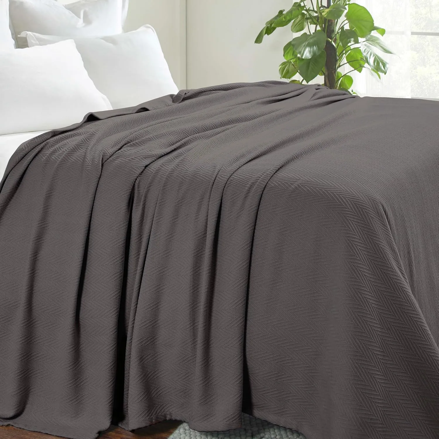 Hroo Collection Premium Thermal Blanket - Charcoal Woven Reversible Ultra-Soft and Warm Herringbone Blanket for Bed/Couch, King, 108" x 90" - 100% Cotton