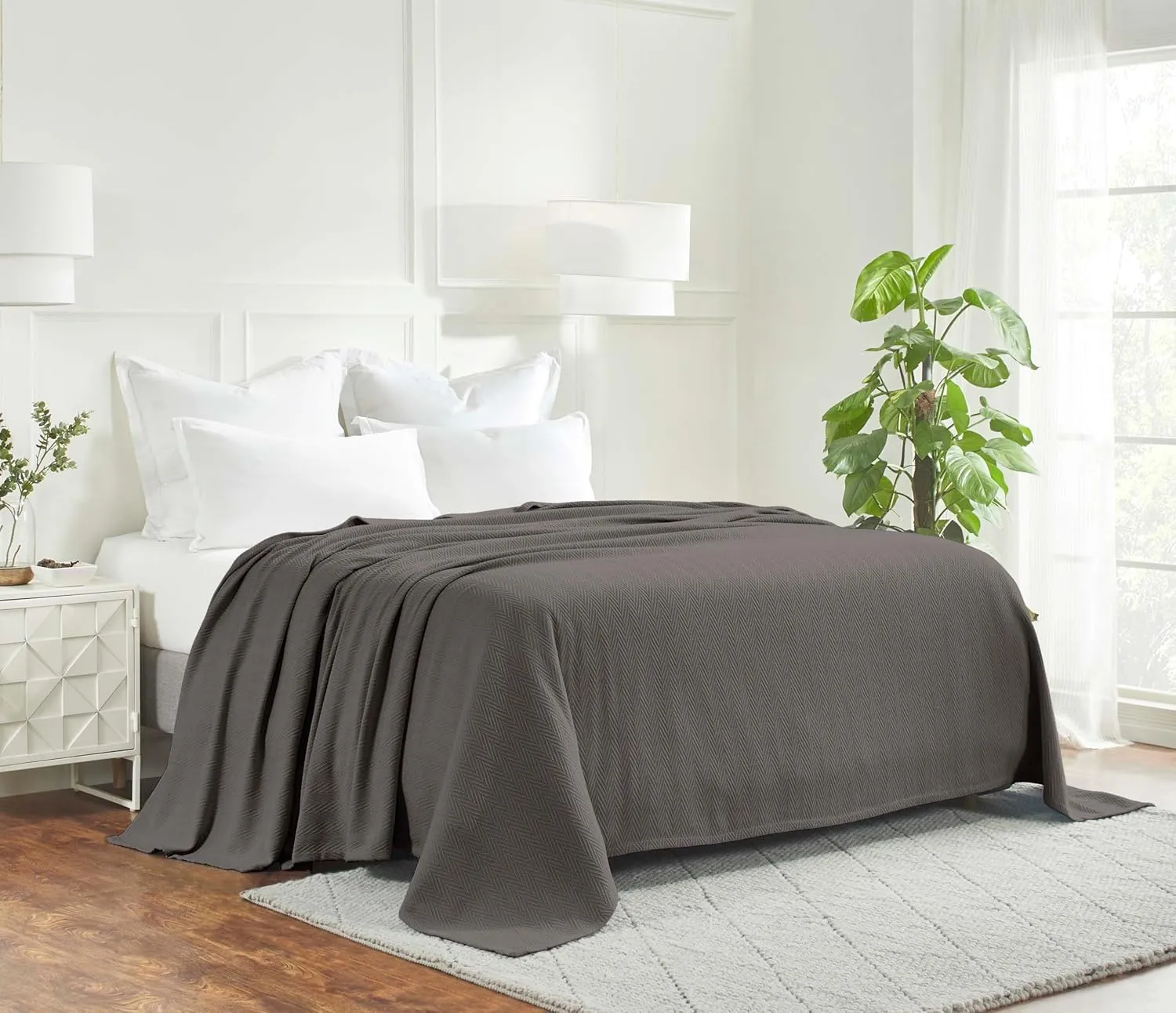 Hroo Collection Premium Thermal Blanket - Charcoal Woven Reversible Ultra-Soft and Warm Herringbone Blanket for Bed/Couch, King, 108" x 90" - 100% Cotton