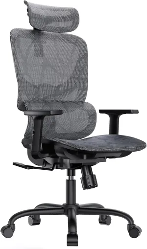 HUANUO Ergonomic Mesh Office Chair with 5-Level Lumbar Support, Computer Chair with Adjustable Headrest & Armrests, Rocking Tilt, Comfortable High Back Desk Chair for Home Office or Gaming