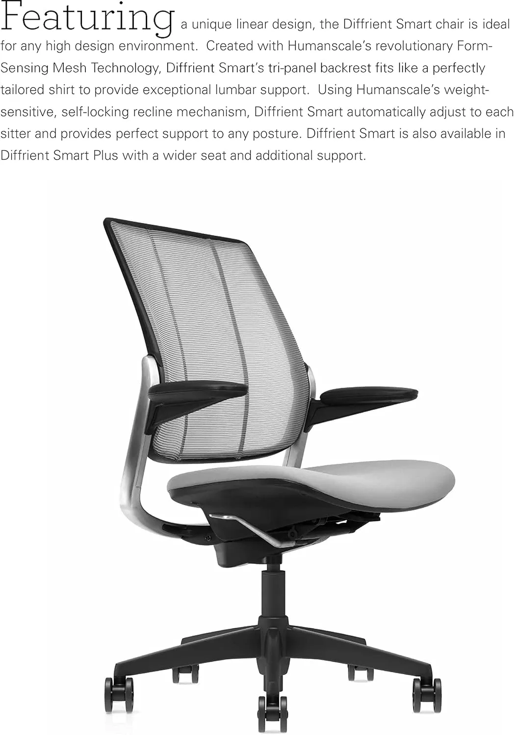 Humanscale Diffrient Smart Office Desk Chair - S413 Advanced Height Adjustable Duron Arms - Black Frame with Monofilament Stripe Black Mesh Back Dark Brown Corde4 Fabric - Standard Carpet Casters