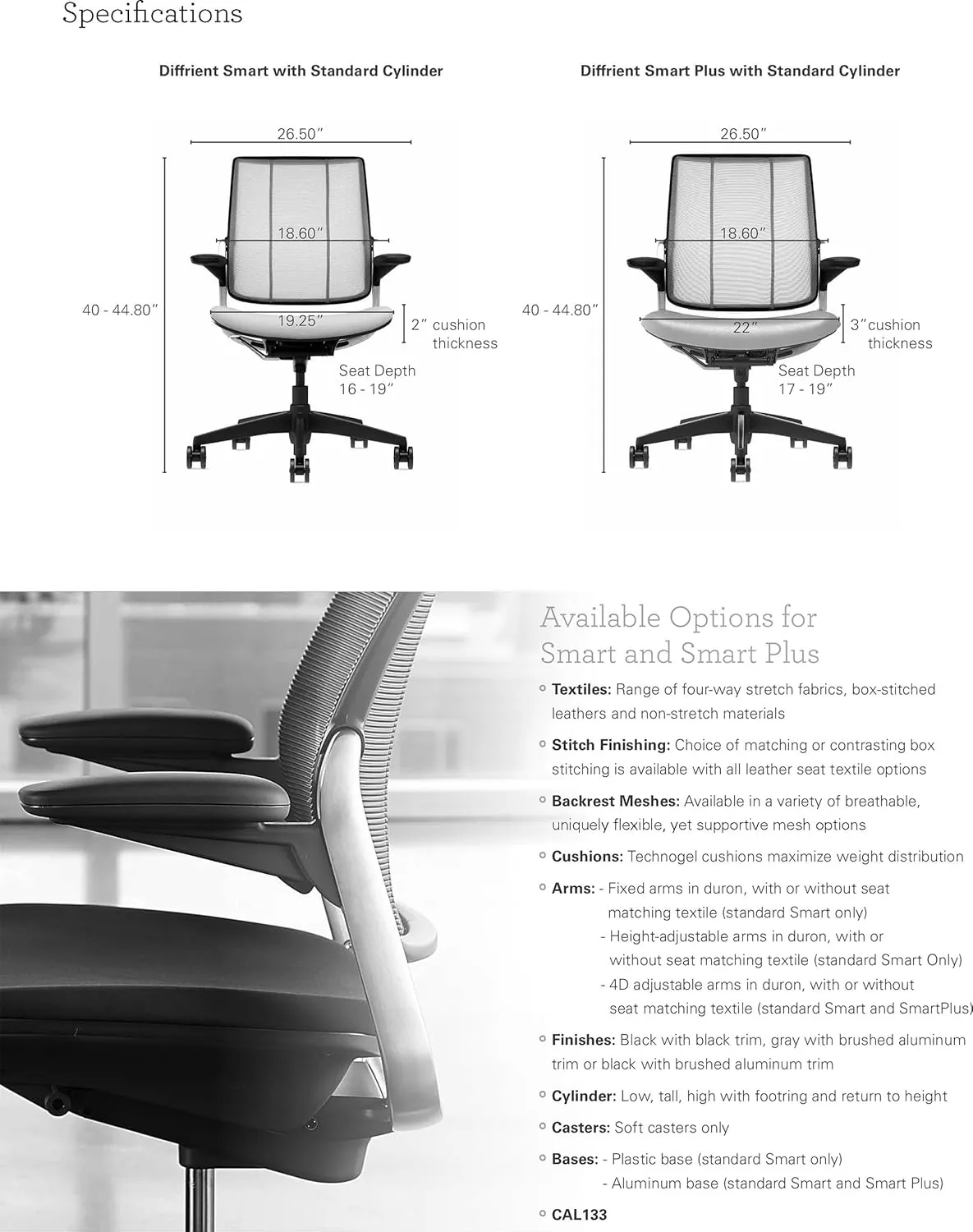 Humanscale Diffrient Smart Office Desk Chair - S413 Advanced Height Adjustable Duron Arms - Black Frame with Monofilament Stripe Black Mesh Back Dark Brown Corde4 Fabric - Standard Carpet Casters