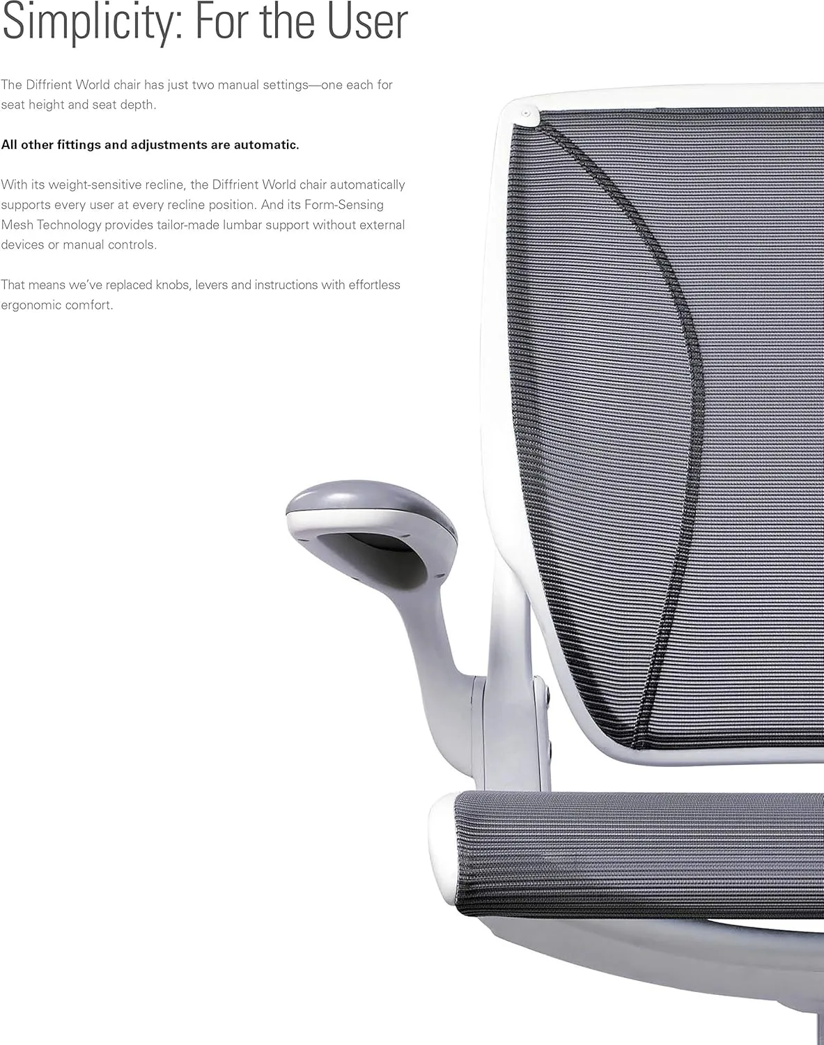 Humanscale Diffrient World Task Chair | Black Pinstrip Mesh Seat and Back | Black Frame, Black Trim | Height-Adjustable Duron Arms | Standard Foam Seat, 3" Carpet Casters, 5" Cylinder