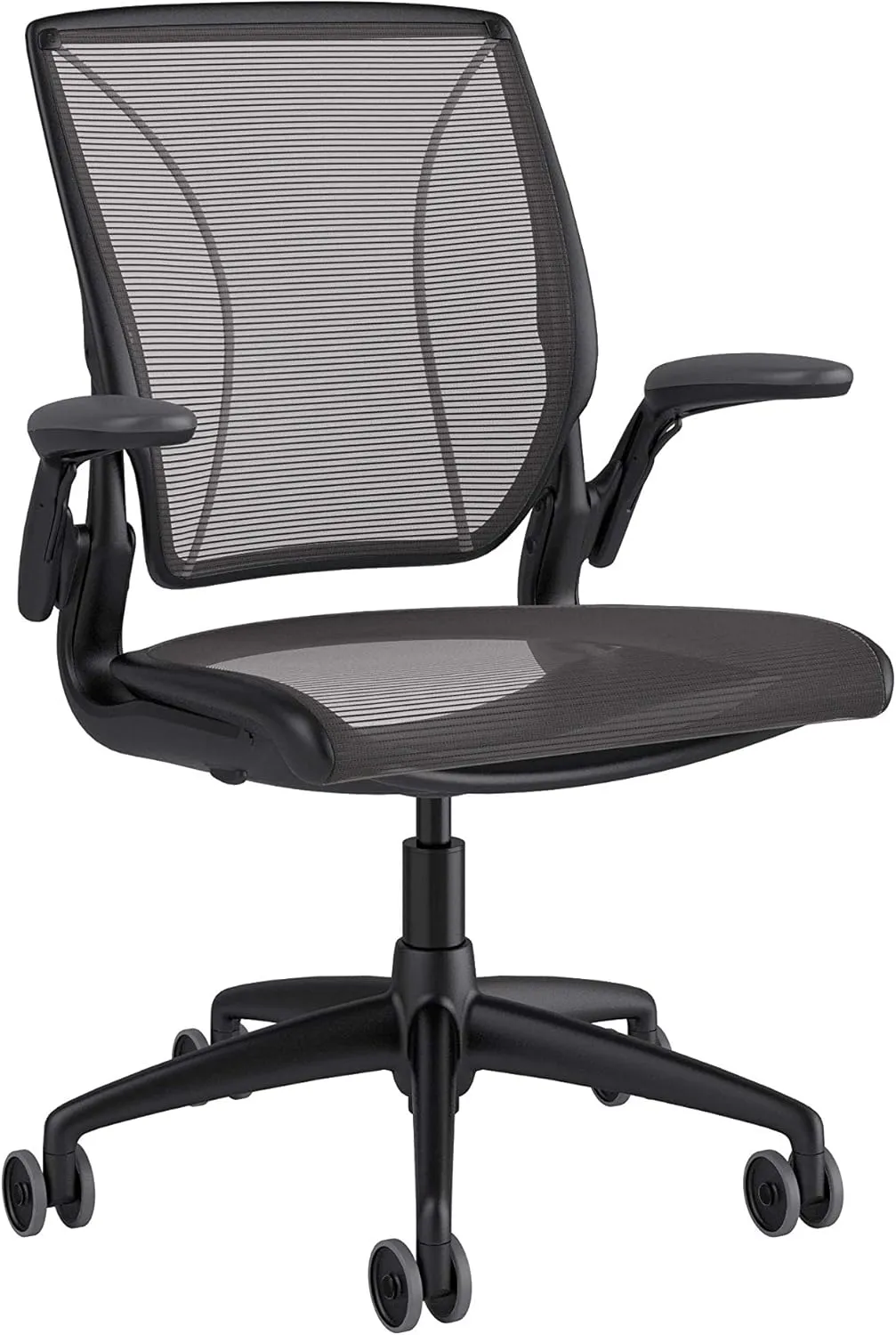Humanscale Diffrient World Task Chair | Black Pinstrip Mesh Seat and Back | Black Frame, Black Trim | Height-Adjustable Duron Arms | Standard Foam Seat, 3" Carpet Casters, 5" Cylinder