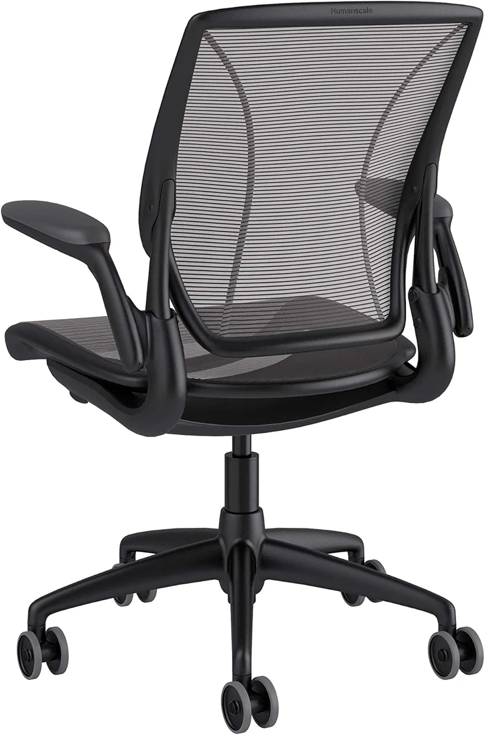 Humanscale Diffrient World Task Chair | Black Pinstrip Mesh Seat and Back | Black Frame, Black Trim | Height-Adjustable Duron Arms | Standard Foam Seat, 3" Carpet Casters, 5" Cylinder