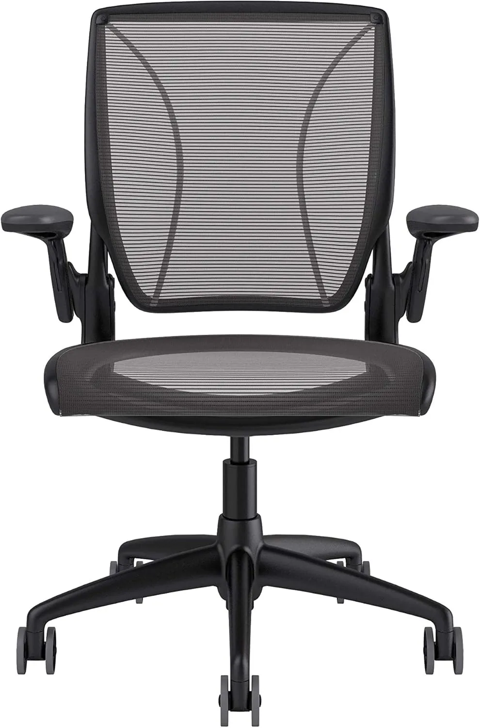 Humanscale Diffrient World Task Chair | Black Pinstrip Mesh Seat and Back | Black Frame, Black Trim | Height-Adjustable Duron Arms | Standard Foam Seat, 3" Carpet Casters, 5" Cylinder