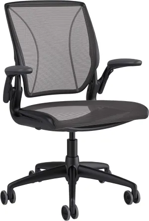 Humanscale Diffrient World Task Chair | Black Pinstrip Mesh Seat and Back | Black Frame, Black Trim | Height-Adjustable Duron Arms | Standard Foam Seat, 3" Carpet Casters, 5" Cylinder