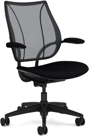 Humanscale Liberty Task Chair | Monofilament Black Mesh Back and Fourtis Black Seat | Black Frame with Black Trim | Height-Adjustable Duron Arms | Standard Foam Seat, 3" Carpet Casters, 5" Cylinder