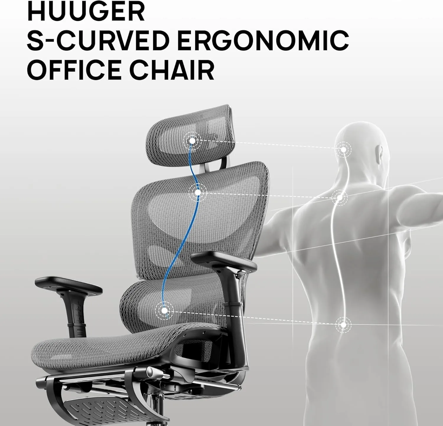 Huuger Mesh Office Chair with Footrest, Ergonomic Desk Chair with Lumbar Support, Comfortable Gaming Chair with Multi-tilt Angle Backrest, Headrest and 3D Armrest, Large Steel Base, Grey and Black