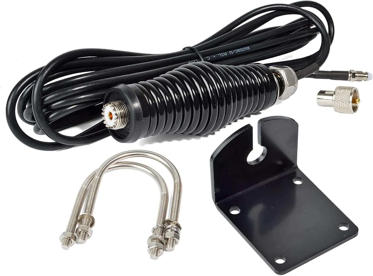 HYS Heavy-Duty Barrel Spring Black Mount with SO239(UHF Female) for HF/VHF CB UHF Male(PL259) Whip/Fiberglass Antenna, W/L-Bracket Hole & 2pcs U-Bolt, 16.4'/About 5m RG-58 Coax Cable