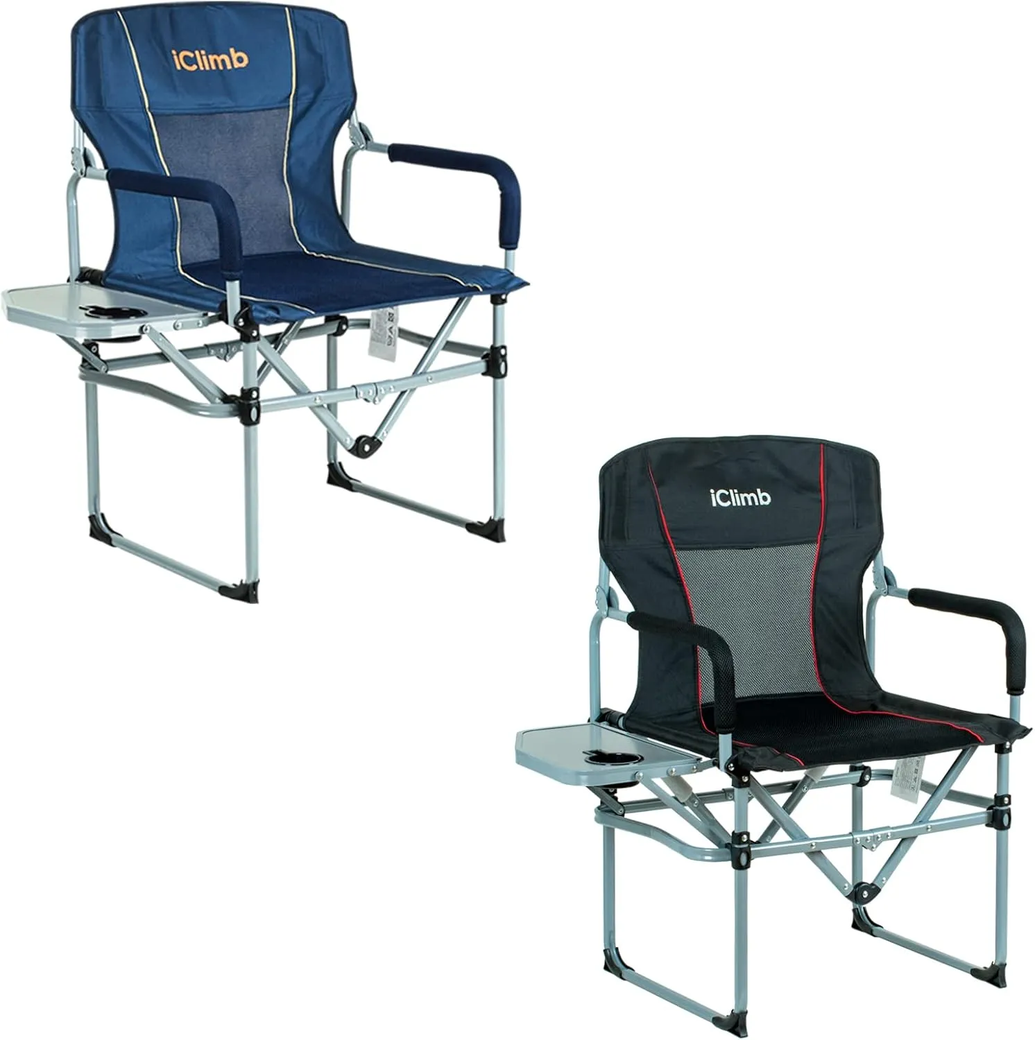 iClimb Heavy Duty Compact Camping Folding Mesh Chair with Side Table and Handle, 1 Black and 1 Navy Bundle