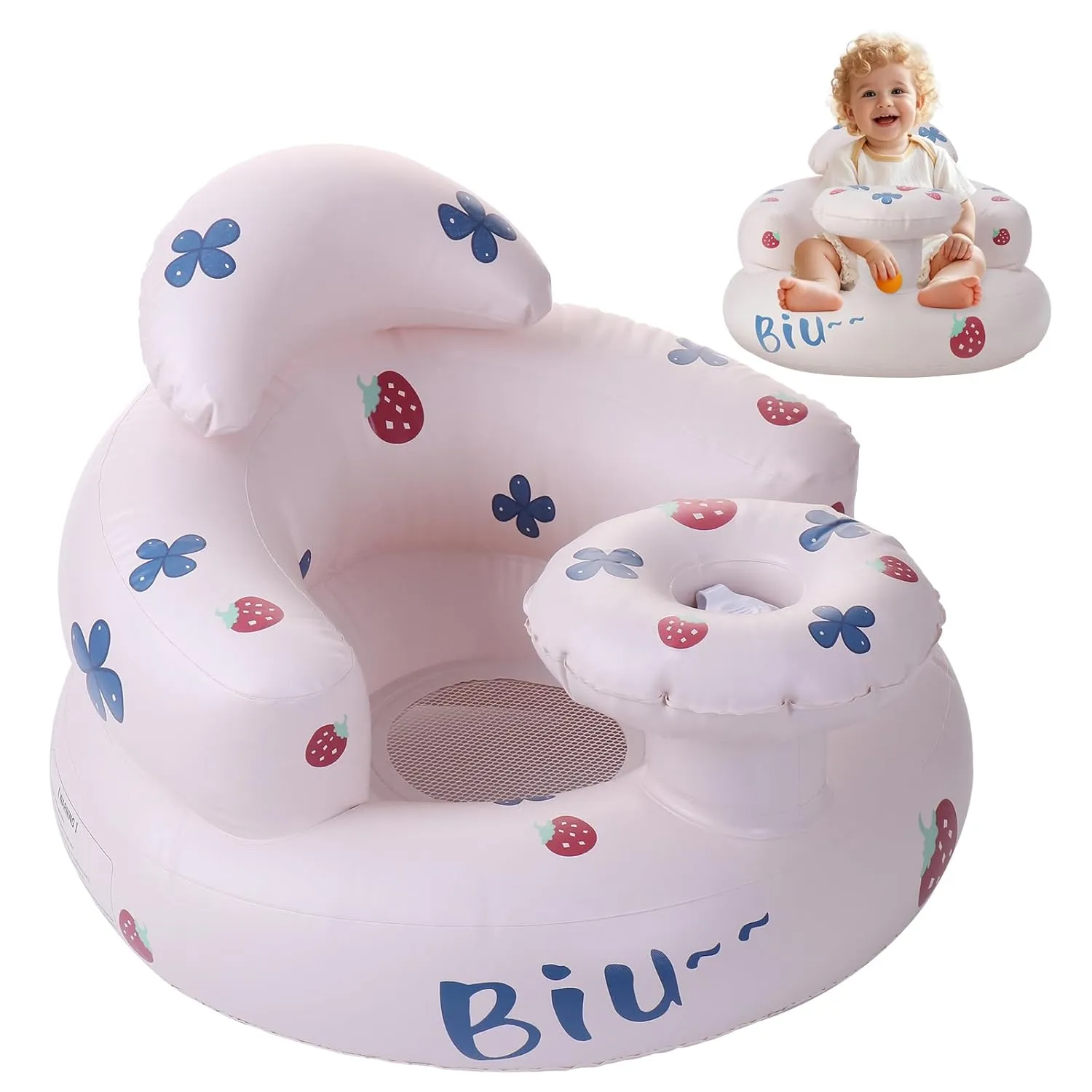Inflatable Baby Seat - Built in Air Pump Toddler Seat for 3-36 Months Infant Chair, Babies Floor Chair for Sitting up and Back Support (Strawberry)