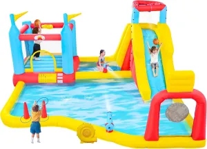 Inflatable Water Slides Park with Blower, Bouncy Castle with Climbing Wall, Dual Water Cannons, Dual Basketball Hoops, Dartboard, Ring Toss, Deep Pool