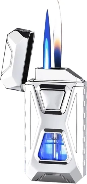 Intelligent Voice-Activated Induction Butane Lighter Windproof Blue Flame and Open Flame 4 Ignition Methods Suitable for Gift Camping (Butane not Included)(Silver)