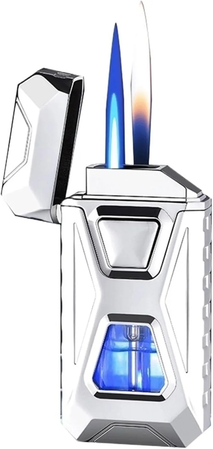Intelligent Voice-Activated Induction Butane Lighter Windproof Blue Flame and Open Flame 4 Ignition Methods Suitable for Gift Camping (Butane not Included)(Silver)