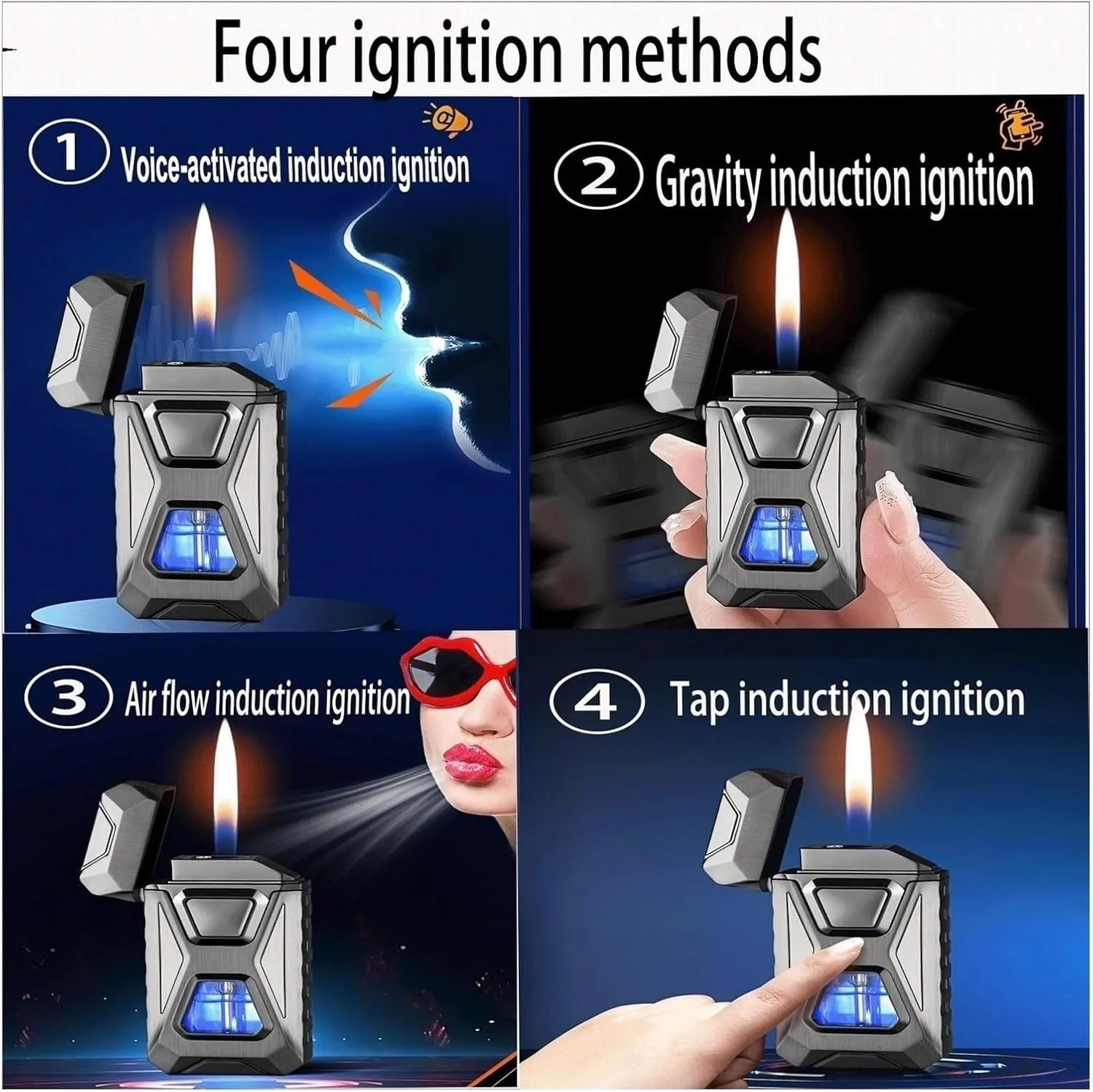 Intelligent Voice-Activated Induction Butane Lighter Windproof Blue Flame and Open Flame 4 Ignition Methods Suitable for Gift Camping (Butane not Included)(Silver)