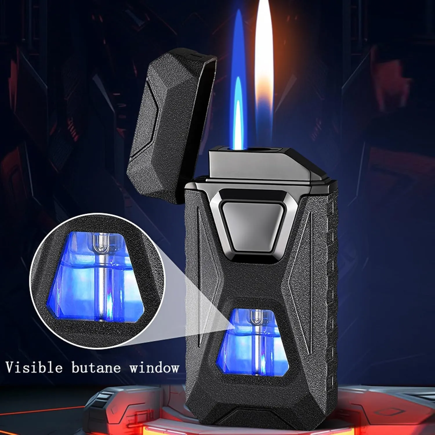 Intelligent Voice-Activated Induction Butane Lighter Windproof Blue Flame and Open Flame 4 Ignition Methods Suitable for Gift Camping (Butane not Included)(Silver)