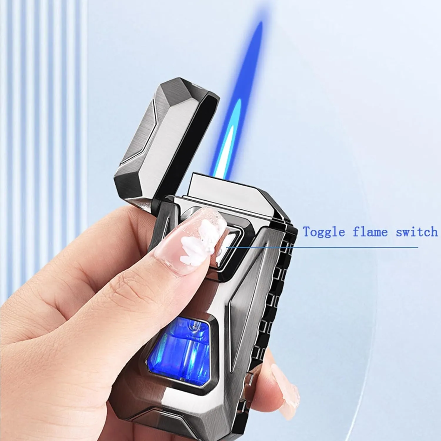 Intelligent Voice-Activated Induction Butane Lighter Windproof Blue Flame and Open Flame 4 Ignition Methods Suitable for Gift Camping (Butane not Included)(Silver)