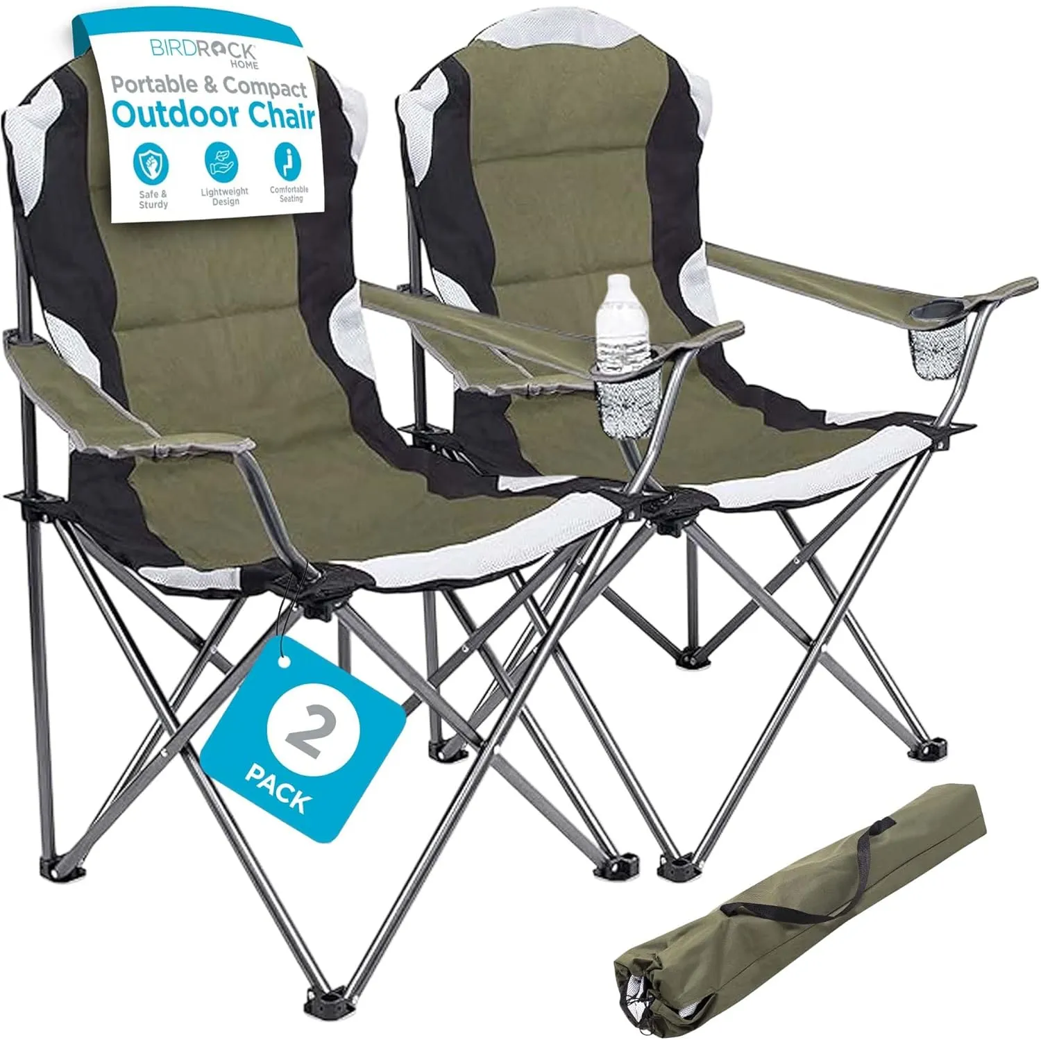 Internet's Best Padded Camping Folding Chair - Comfortable Outdoor Sports Chairs w/Cup Holder, Portable Carry Bag - for Beach, Park, Soccer, Baseball, Softball, Picnic, Adults - Green 2 - Pack