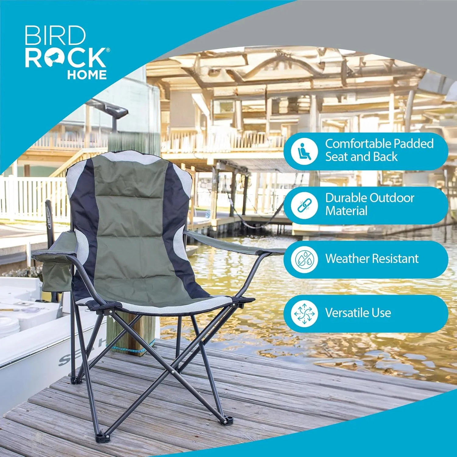 Internet's Best Padded Camping Folding Chair - Comfortable Outdoor Sports Chairs w/Cup Holder, Portable Carry Bag - for Beach, Park, Soccer, Baseball, Softball, Picnic, Adults - Green 2 - Pack