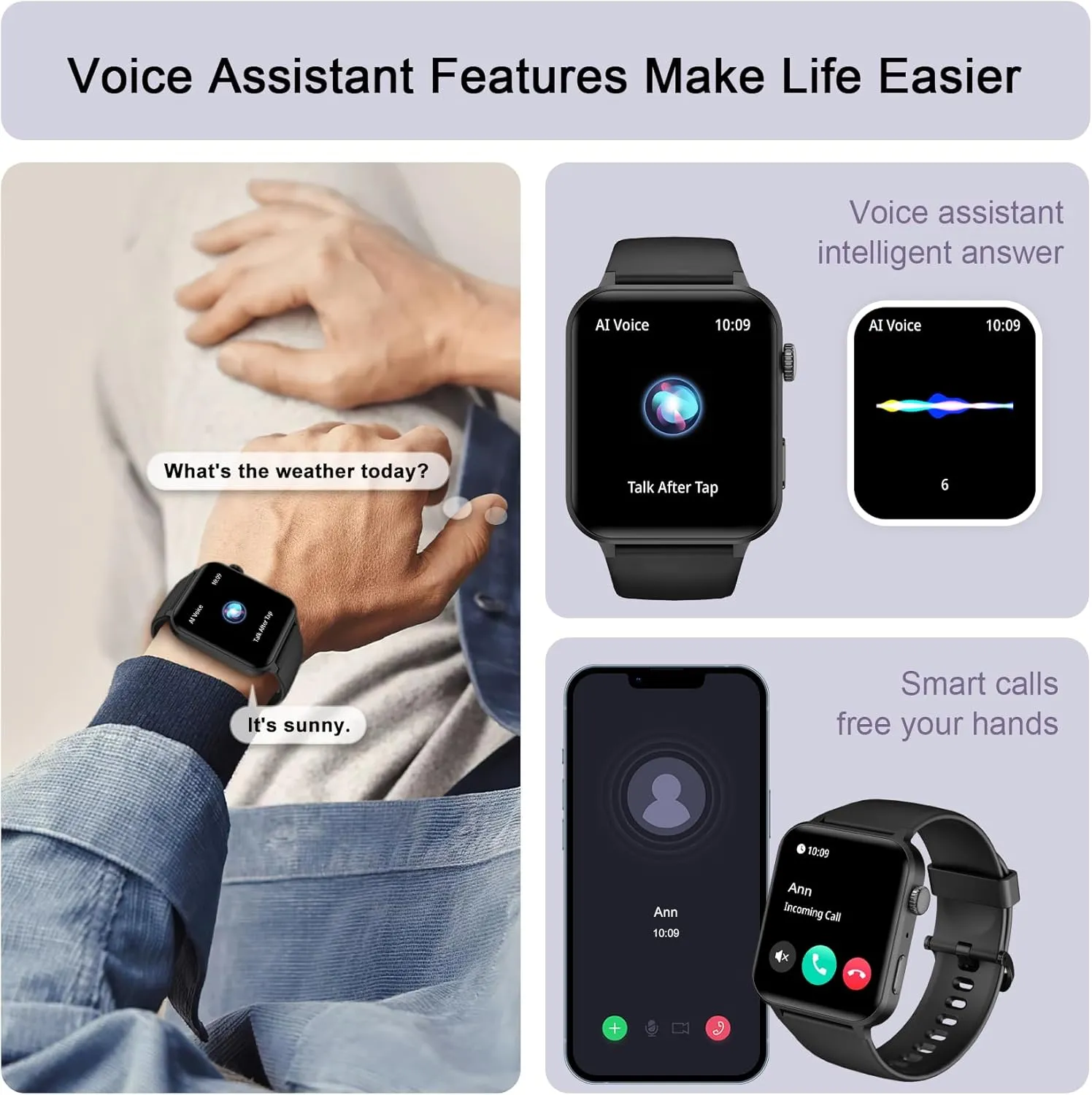 IOWODO Smart Watch for Men Women - 1.85''HD Screen with Make and Answer Calls, with AI Voice Assistant, SpO2/Heart Rate/Sleep Monitor, 100  Sports Modes, Smartwatch for Android and iOS (2 Straps)
