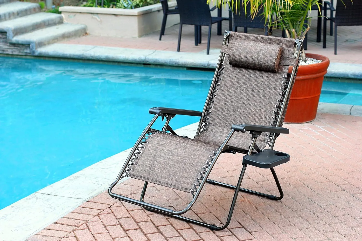 Jeco Oversized Zero Gravity Chair with with Sunshade and Drink Tray, Brown Mesh