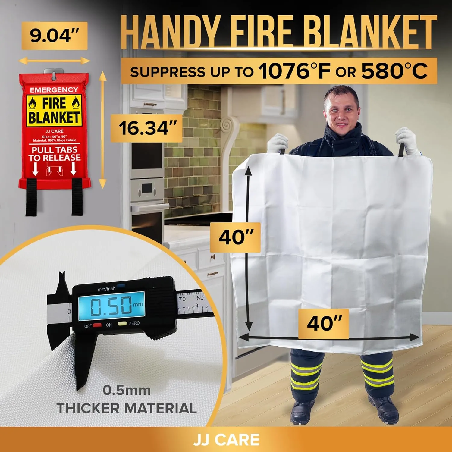 JJ CARE Fire Blanket – 5 Packs with Hooks – 40” x 40” Fire Blankets Emergency for Home and Kitchen, High Heat Resistant and Flame Protection for Kitchen, Car, Office, Camping & Home Safety