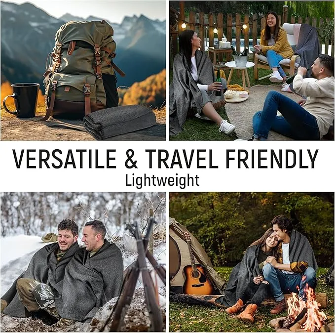 JMR Wool Camping Blanket - Warm Heavy Car Blanket & Camp Quilt - Survival Emergency Blanket for Sleeping Outdoors - Multi-Use Wool Blanket for Camping, Car & Home - 70% Wool, Grey, 62X84