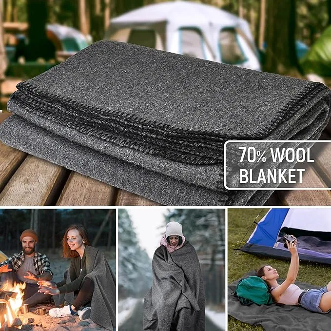 JMR Wool Camping Blanket - Warm Heavy Car Blanket & Camp Quilt - Survival Emergency Blanket for Sleeping Outdoors - Multi-Use Wool Blanket for Camping, Car & Home - 70% Wool, Grey, 62X84