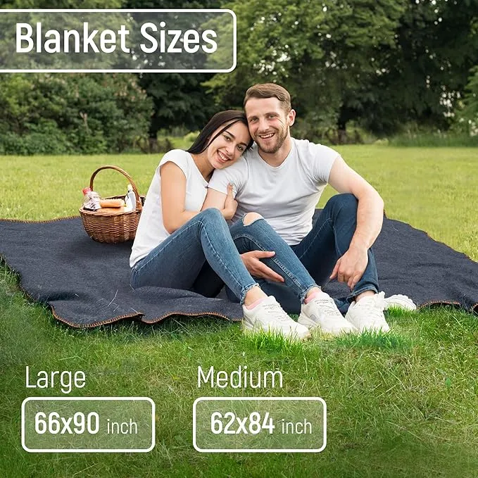 JMR Wool Camping Blanket - Warm Heavy Car Blanket & Camp Quilt - Survival Emergency Blanket for Sleeping Outdoors - Multi-Use Wool Blanket for Camping, Car & Home - 70% Wool, Navy, 62X84