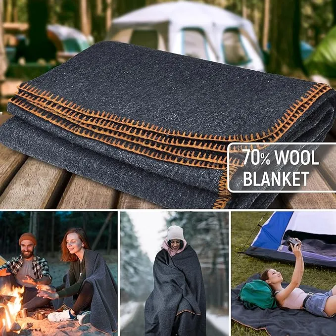 JMR Wool Camping Blanket - Warm Heavy Car Blanket & Camp Quilt - Survival Emergency Blanket for Sleeping Outdoors - Multi-Use Wool Blanket for Camping, Car & Home - 70% Wool, Navy, 62X84