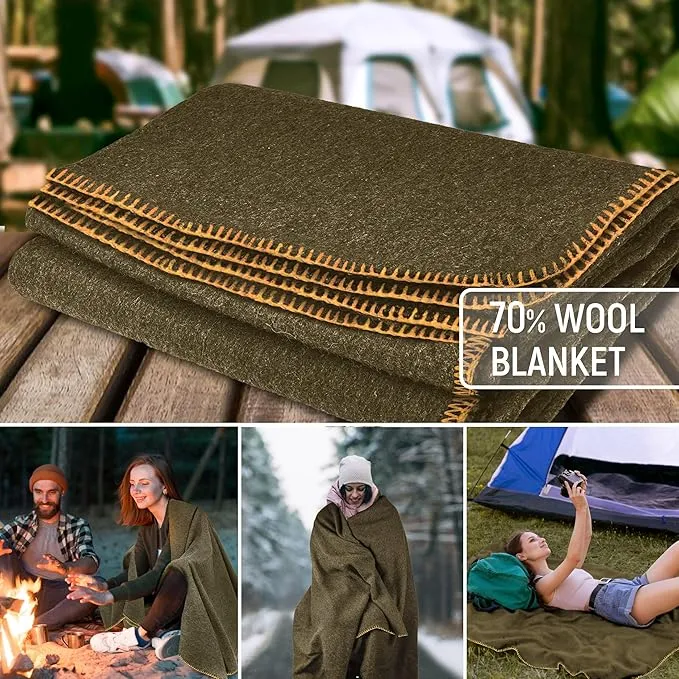 JMR Wool Camping Blanket - Warm Heavy Car Blanket & Camp Quilt - Survival Emergency Blanket Sleeping Outdoors - Multi-Use Wool Blanket Camping, Car & Home - 70% Wool, Olive Green, 62X84, Case of 10