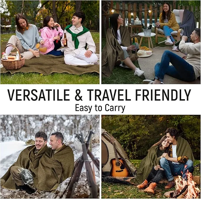 JMR Wool Camping Blanket - Warm Heavy Car Blanket & Camp Quilt - Survival Emergency Blanket Sleeping Outdoors - Multi-Use Wool Blanket Camping, Car & Home - 70% Wool, Olive Green, 62X84, Case of 10