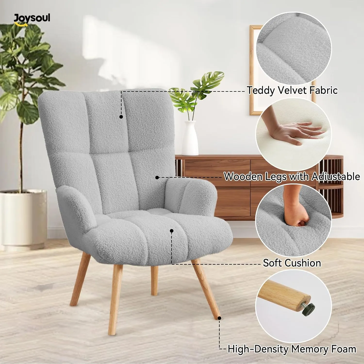Joysoul Modern Accent Chair, High Back Arm Chair with Wood Legs Sofa Seat Teddy Fleece Fabric Reading Chair for Living Room Bedroom Waiting Room (Light Gray)