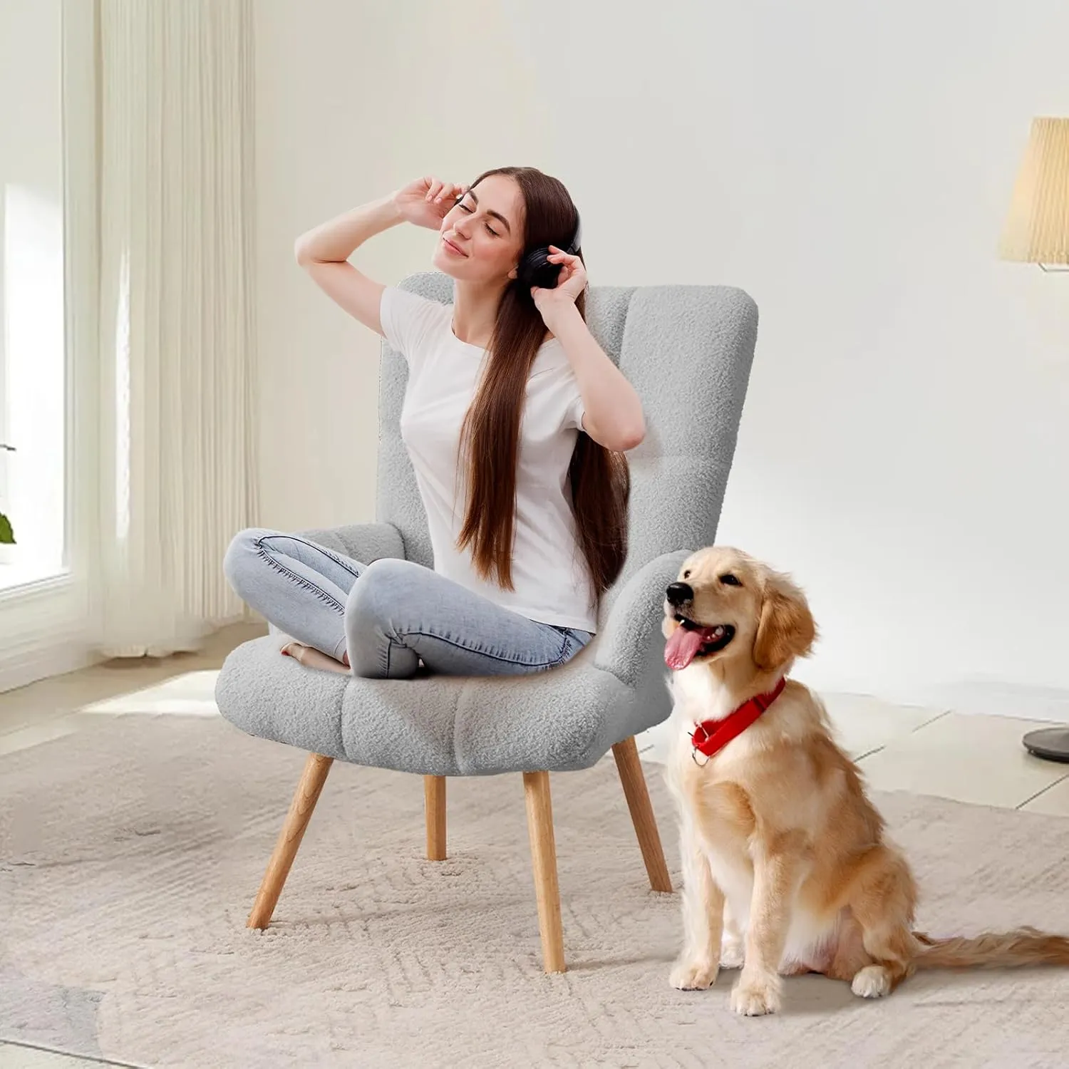 Joysoul Modern Accent Chair, High Back Arm Chair with Wood Legs Sofa Seat Teddy Fleece Fabric Reading Chair for Living Room Bedroom Waiting Room (Light Gray)