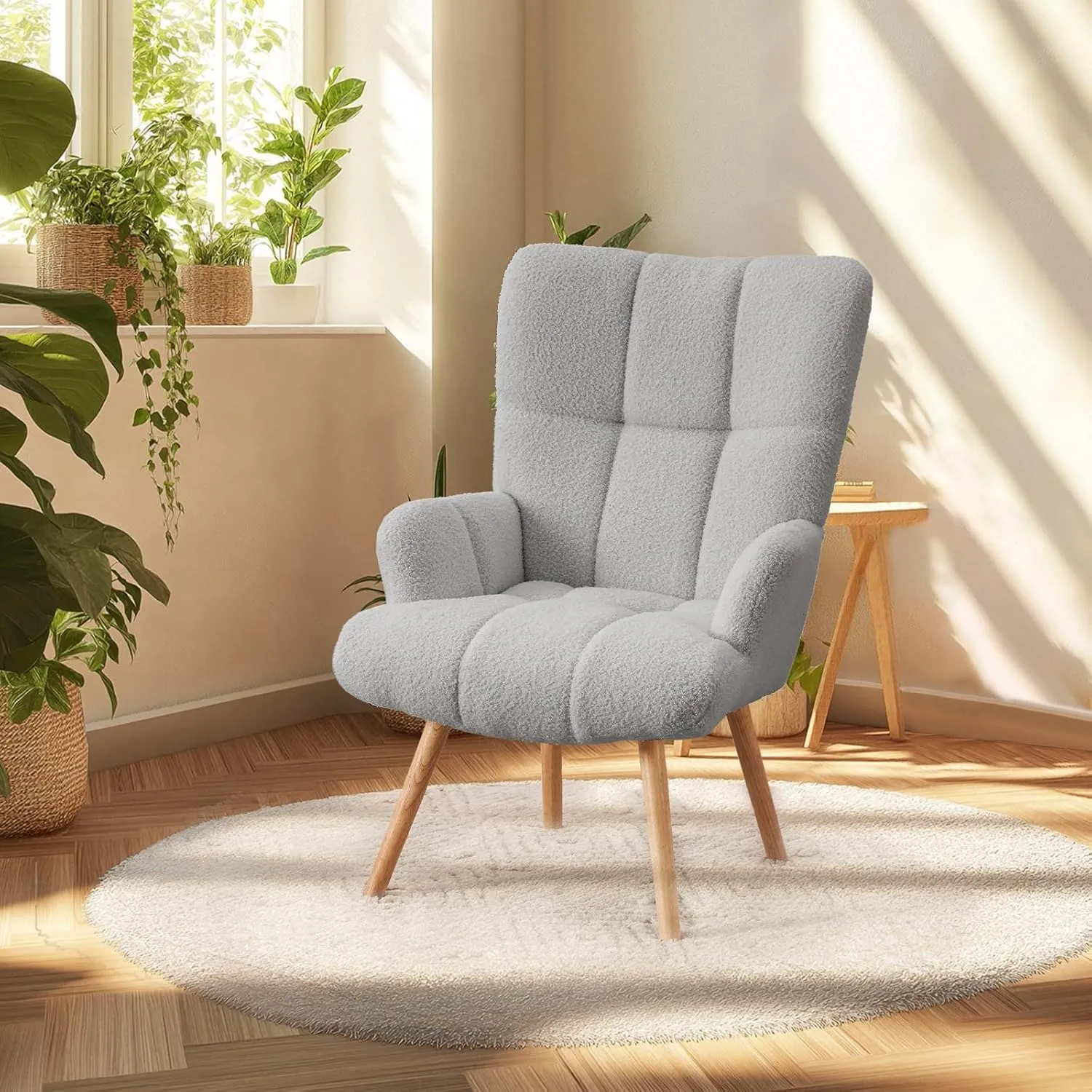 Joysoul Modern Accent Chair, High Back Arm Chair with Wood Legs Sofa Seat Teddy Fleece Fabric Reading Chair for Living Room Bedroom Waiting Room (Light Gray)