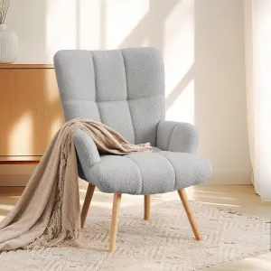 Joysoul Modern Accent Chair, High Back Arm Chair with Wood Legs Sofa Seat Teddy Fleece Fabric Reading Chair for Living Room Bedroom Waiting Room (Light Gray)