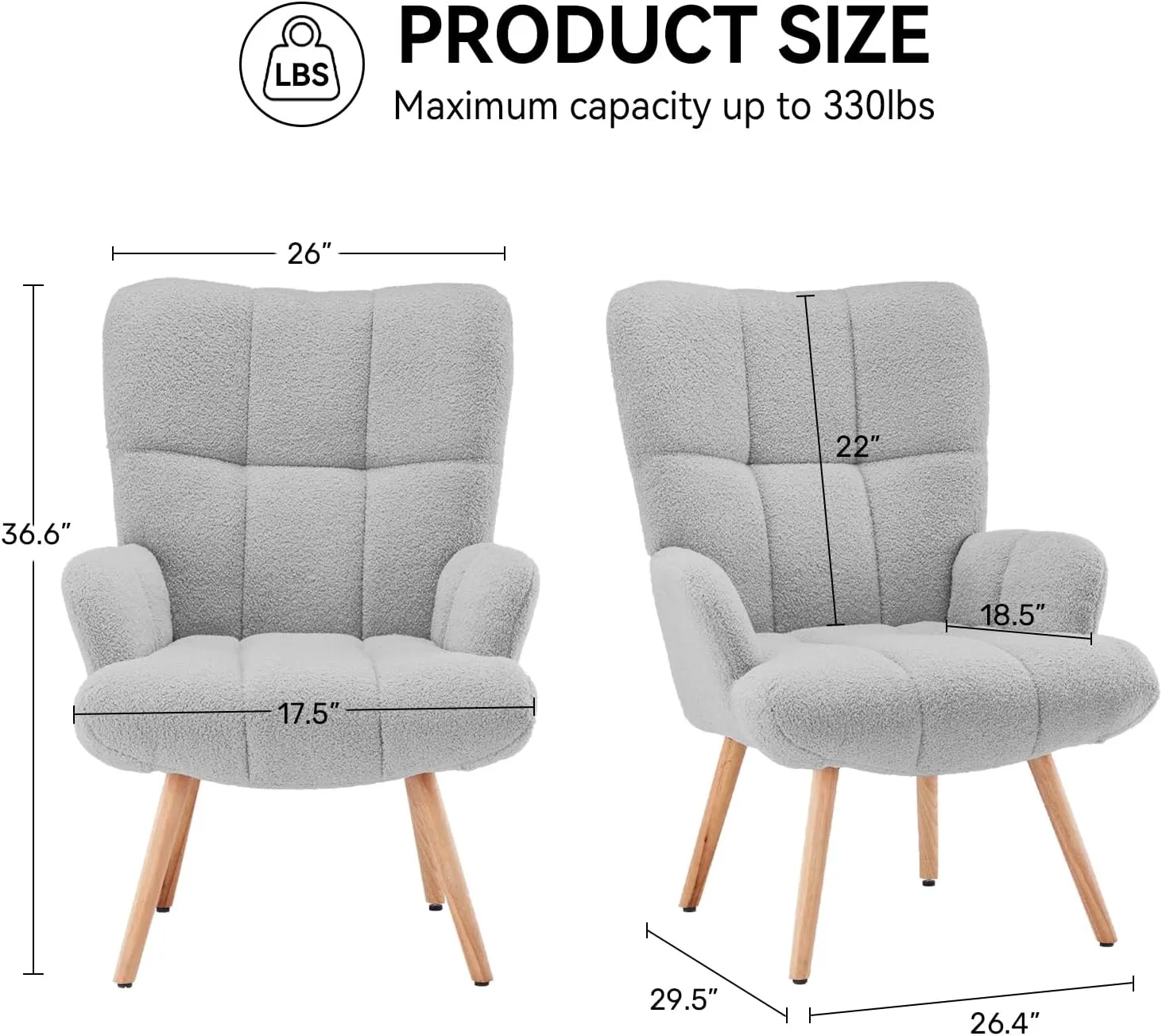 Joysoul Modern Accent Chair, High Back Arm Chair with Wood Legs Sofa Seat Teddy Fleece Fabric Reading Chair for Living Room Bedroom Waiting Room (Light Gray)