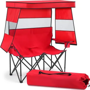Juexica Double Camping Chair with Shade Canopy, 2 Person Folding Beach Chair with Cup Holder Carrying Bag, Heavy Duty Steel Frame Collapsible Camp Chairs for Outdoor Garden Patio Lawn Sports
