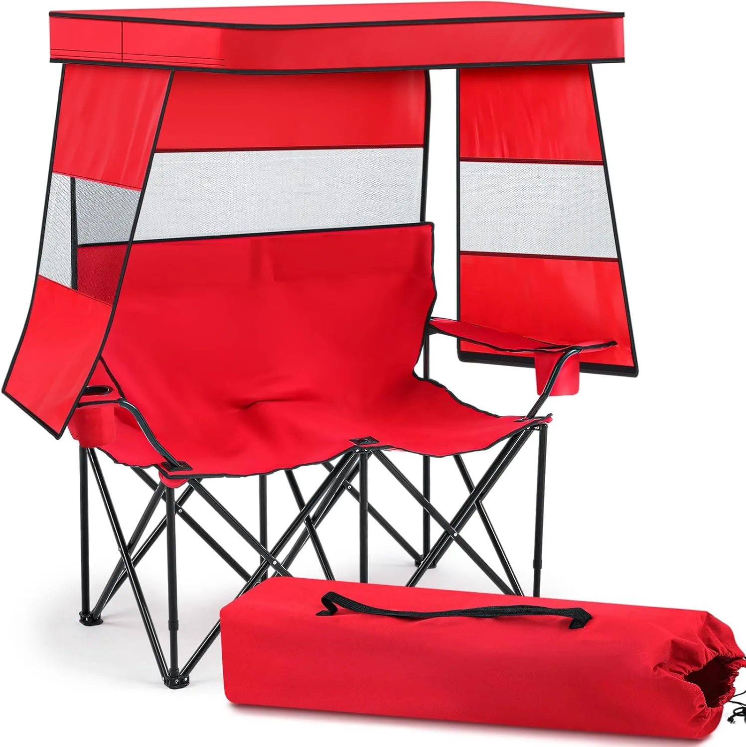 Juexica Double Camping Chair with Shade Canopy, 2 Person Folding Beach Chair with Cup Holder Carrying Bag, Heavy Duty Steel Frame Collapsible Camp Chairs for Outdoor Garden Patio Lawn Sports