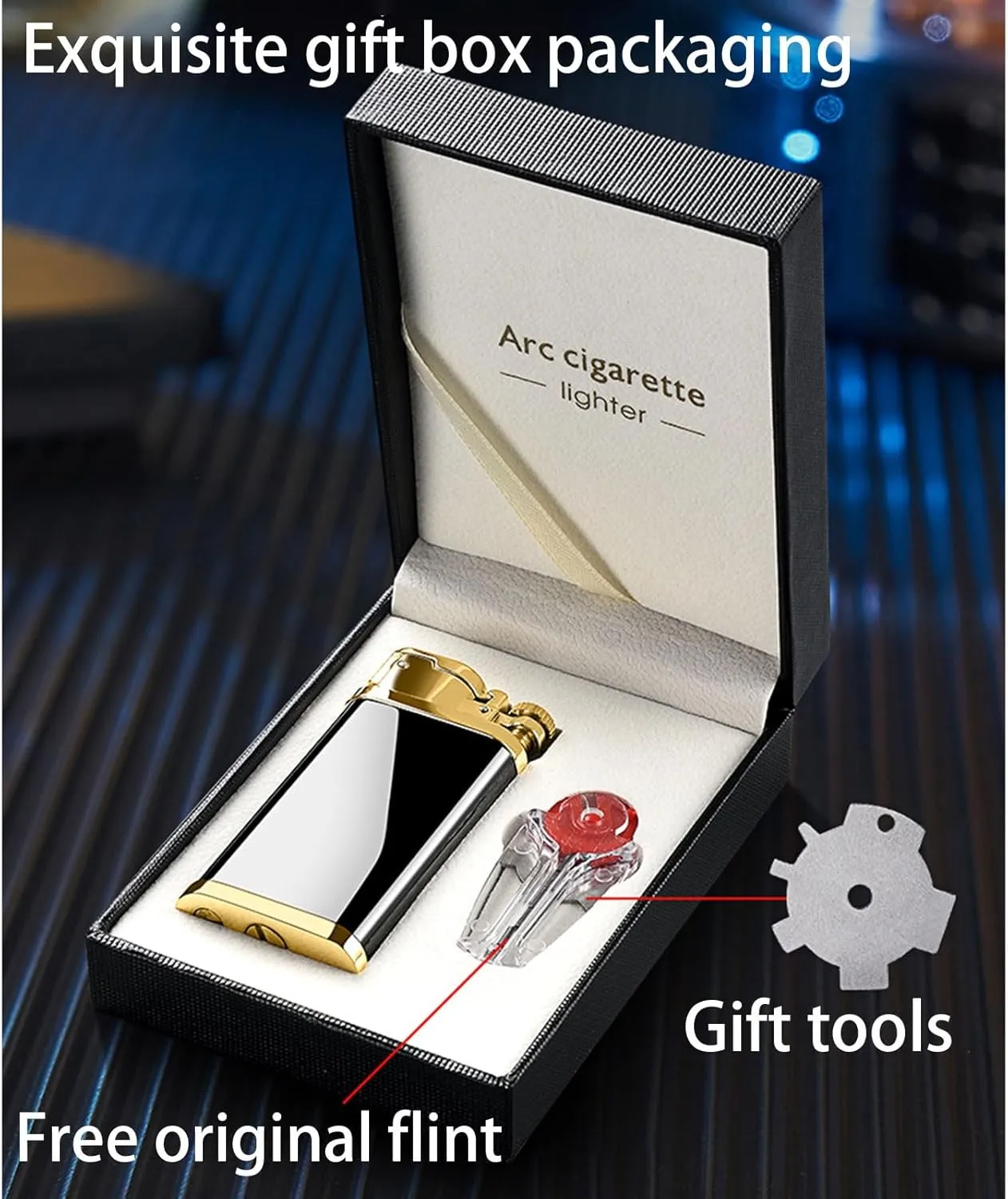 Kerosene Lighter with Gift Box ，Reusable Windproof Soft Flame Lighter ，with Flints and Lighter Accessories Set (Color : F)